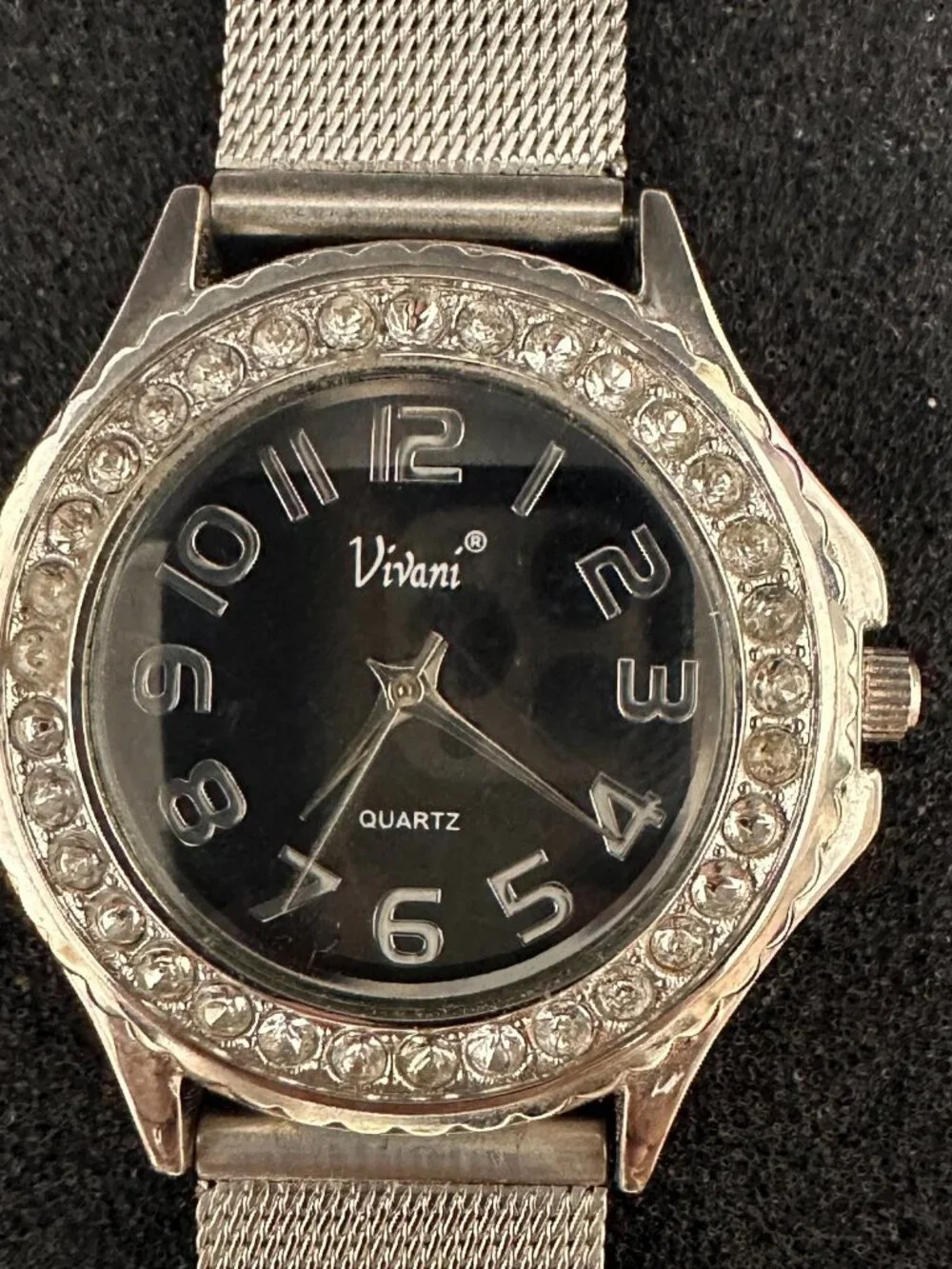 3/$30 Vivani Watch Women Silver Tone Black Dial Crystal Bezel Mesh Band 9